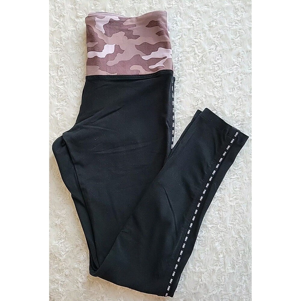 Victoria's Secret PINK Black Yoga Leggings Pink Camo Waistband Side Logo | Sz M